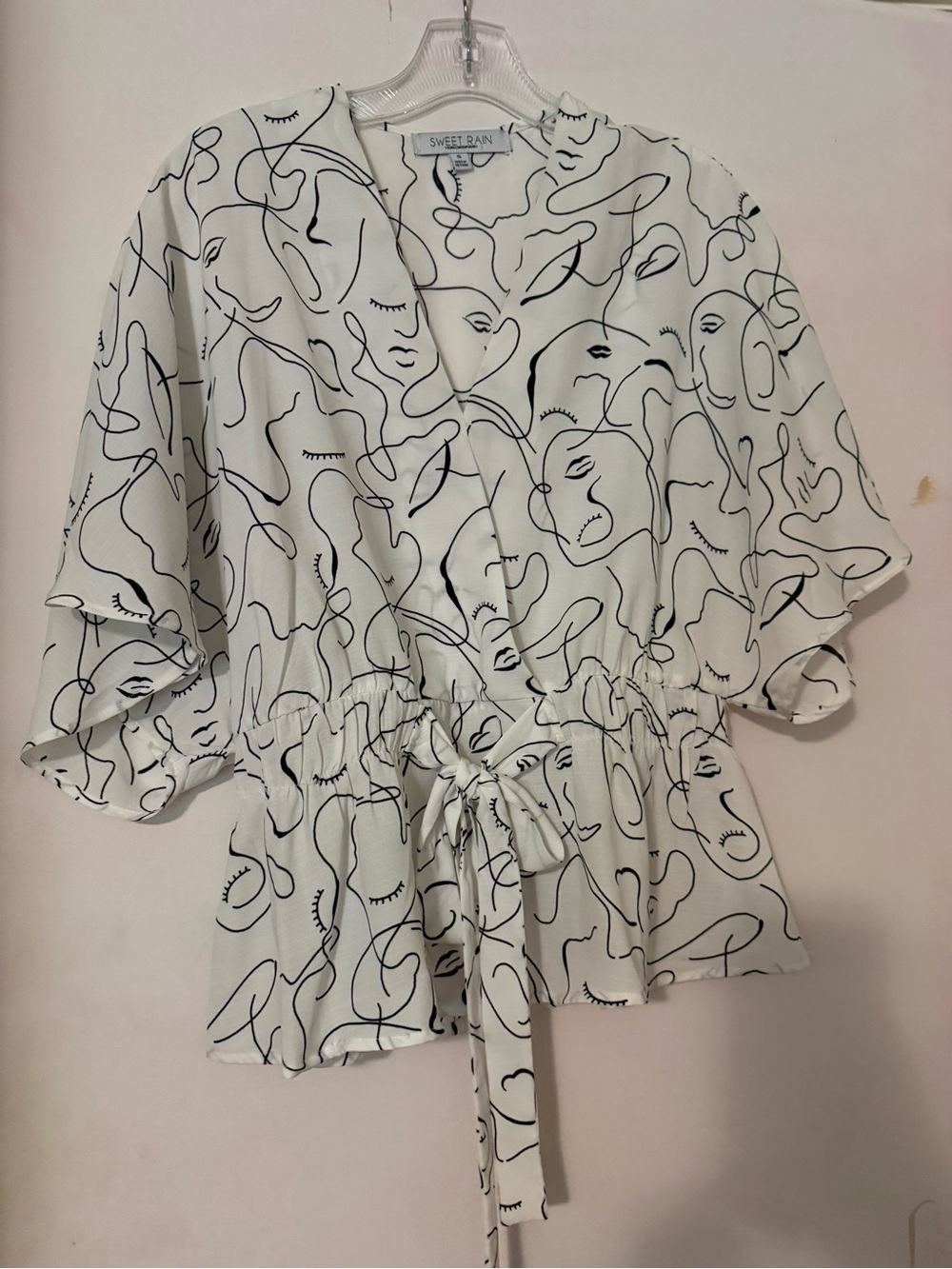 Sweet Rain White Blouse with Black Abstract Face Print and Tie Waist